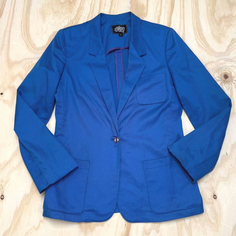 Vintage Ellen Tracy Cobalt Blue Blazer Single Button Union Made USA Size 12